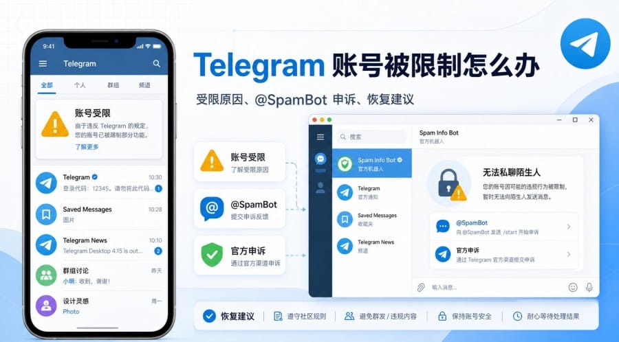 Telegram 账号被限制怎么办?官网受限原因、@SpamBot 申诉与恢复建议