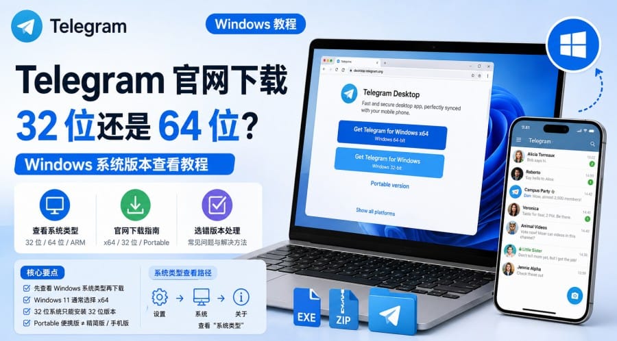 Telegram 官网下载 32 位还是 64 位?Windows 版本判断与下载方法