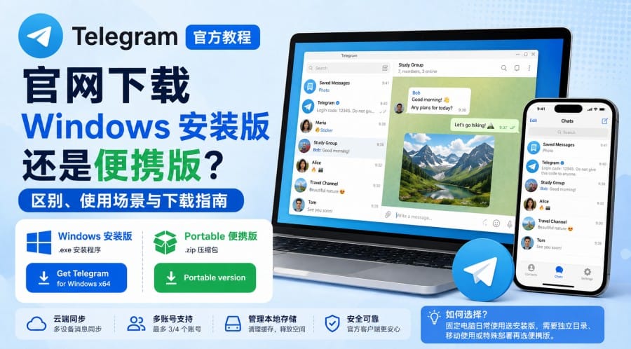 Telegram 官网下载 Windows 安装版还是便携版?区别、下载与使用场景