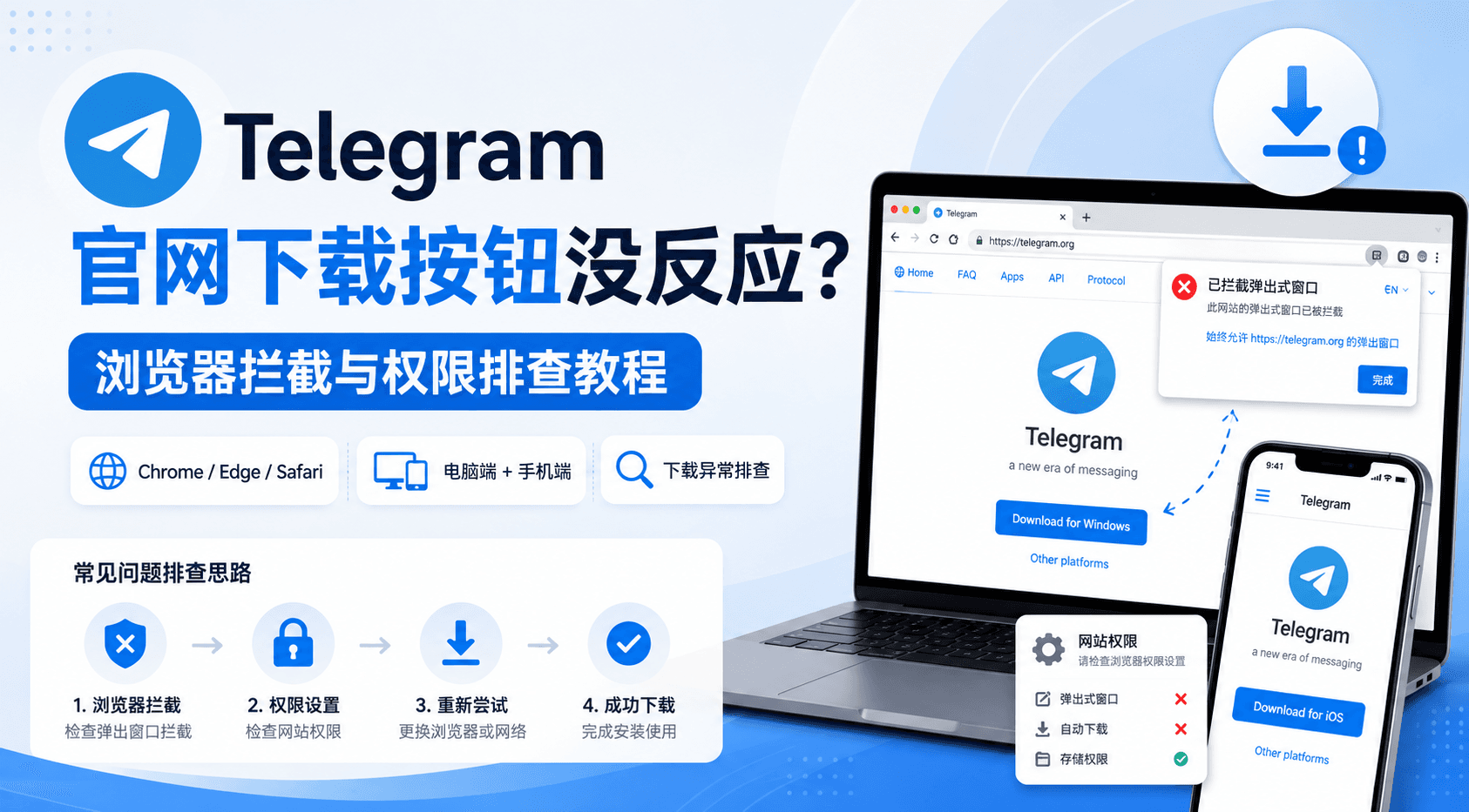 Telegram 官网下载按钮没反应?Chrome、Edge、Safari 排查方法